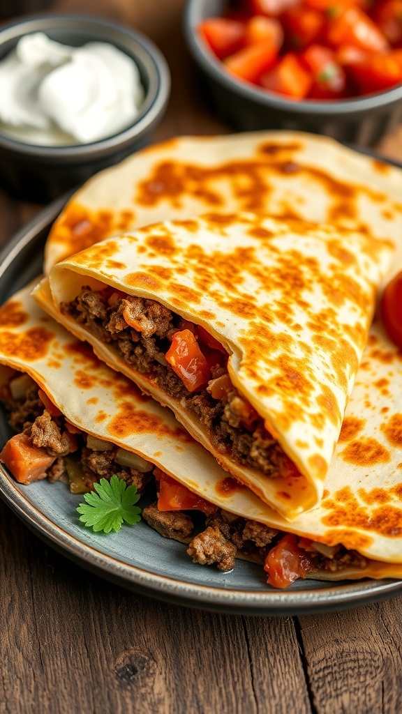 Golden brown ground beef quesadilla cut into wedges, served with salsa and sour cream on a rustic table.